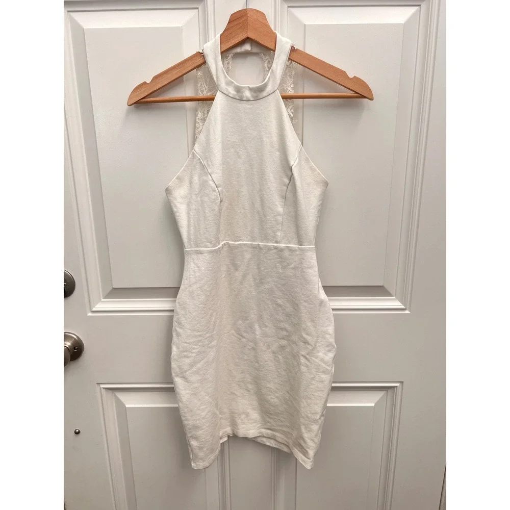 Lulus White Lace Back Halter Mini Dress Bodycon Bridal Cocktail Size S